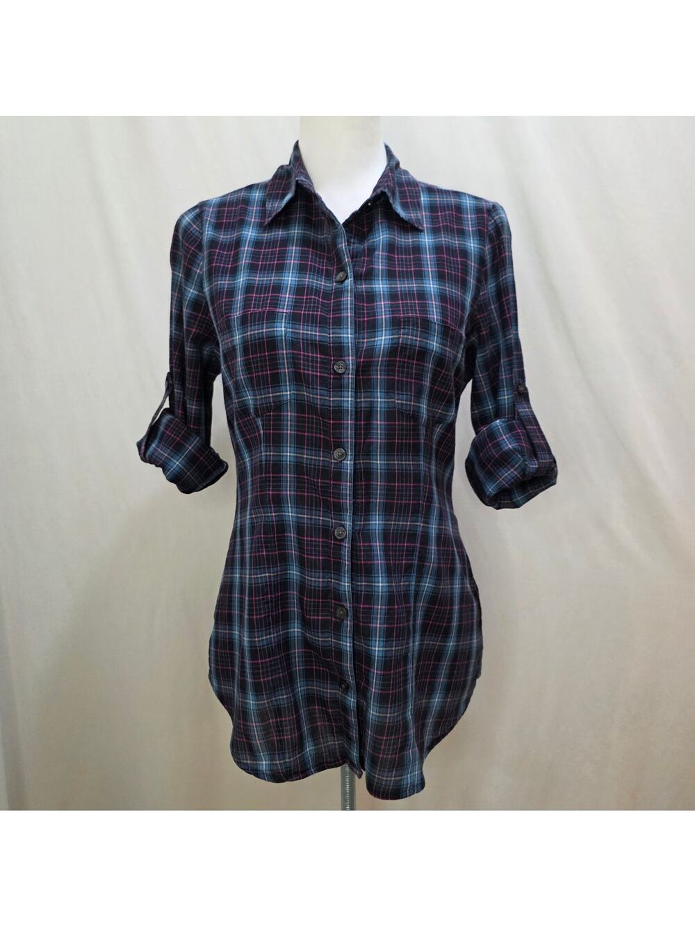 Converse One Star Plaid Roll Up Sleeve Button Down Green Blue Grunge Shirt Small